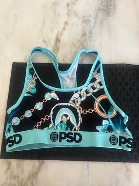 PSD Black Sports Bra with Teal Trim and Chain Shark Print
